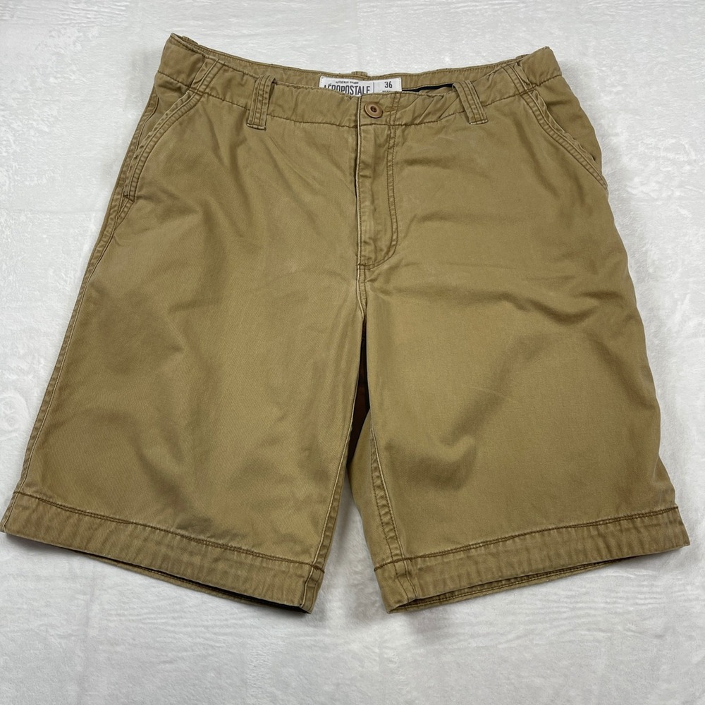 Aeropostale Mens Khaki Chino Shorts Tan Cotton Twill Size 36 Casual Summer